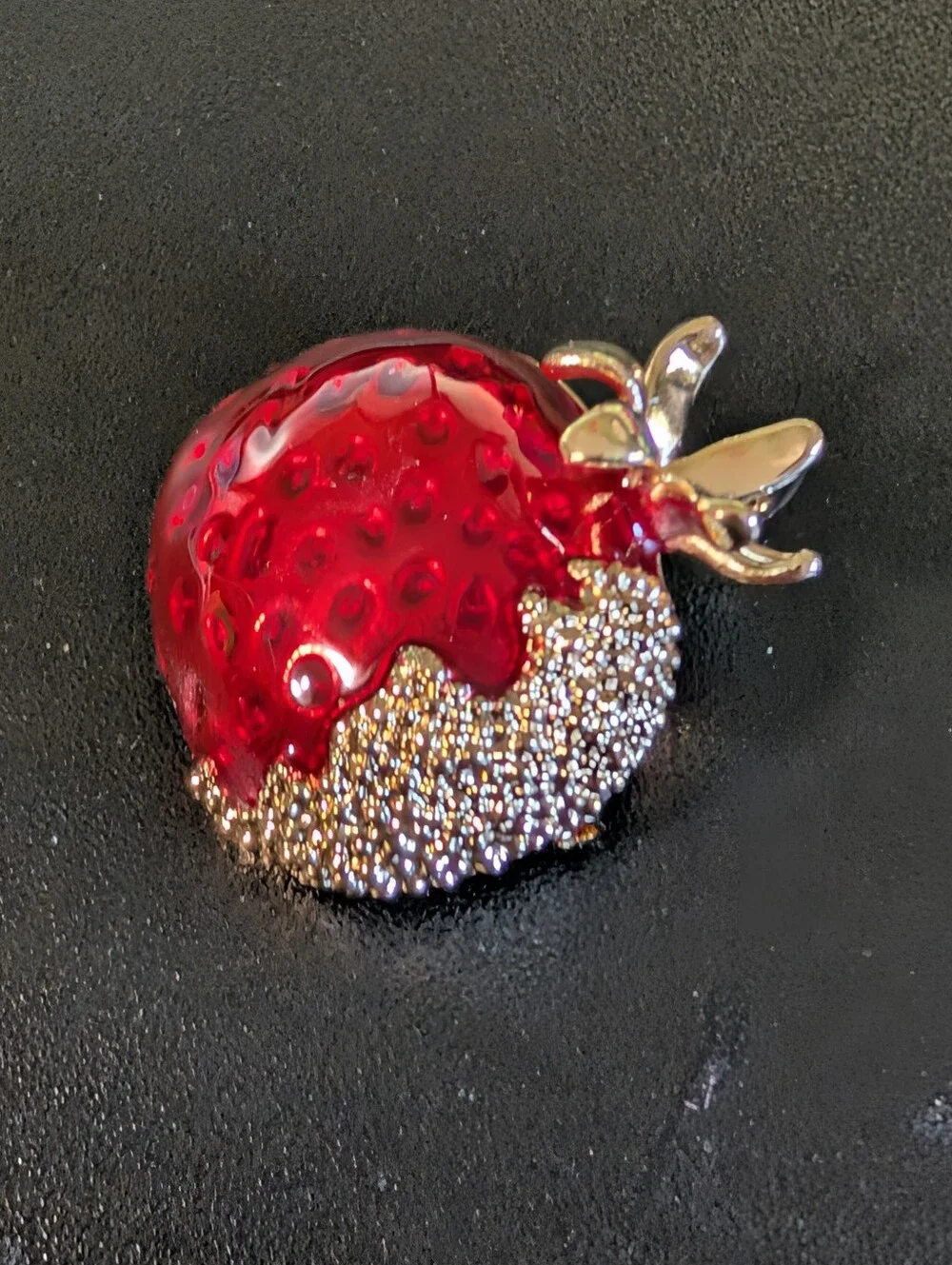 Red Pomegranate Brooch Gold Tone Rhinestone Fruit Statement Pin